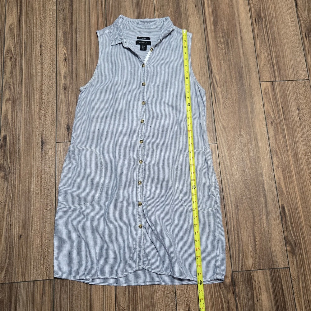Tahari Blue White Striped Linen Sleeveless Button Front Dress Large w Pockets - Picture 4 of 8